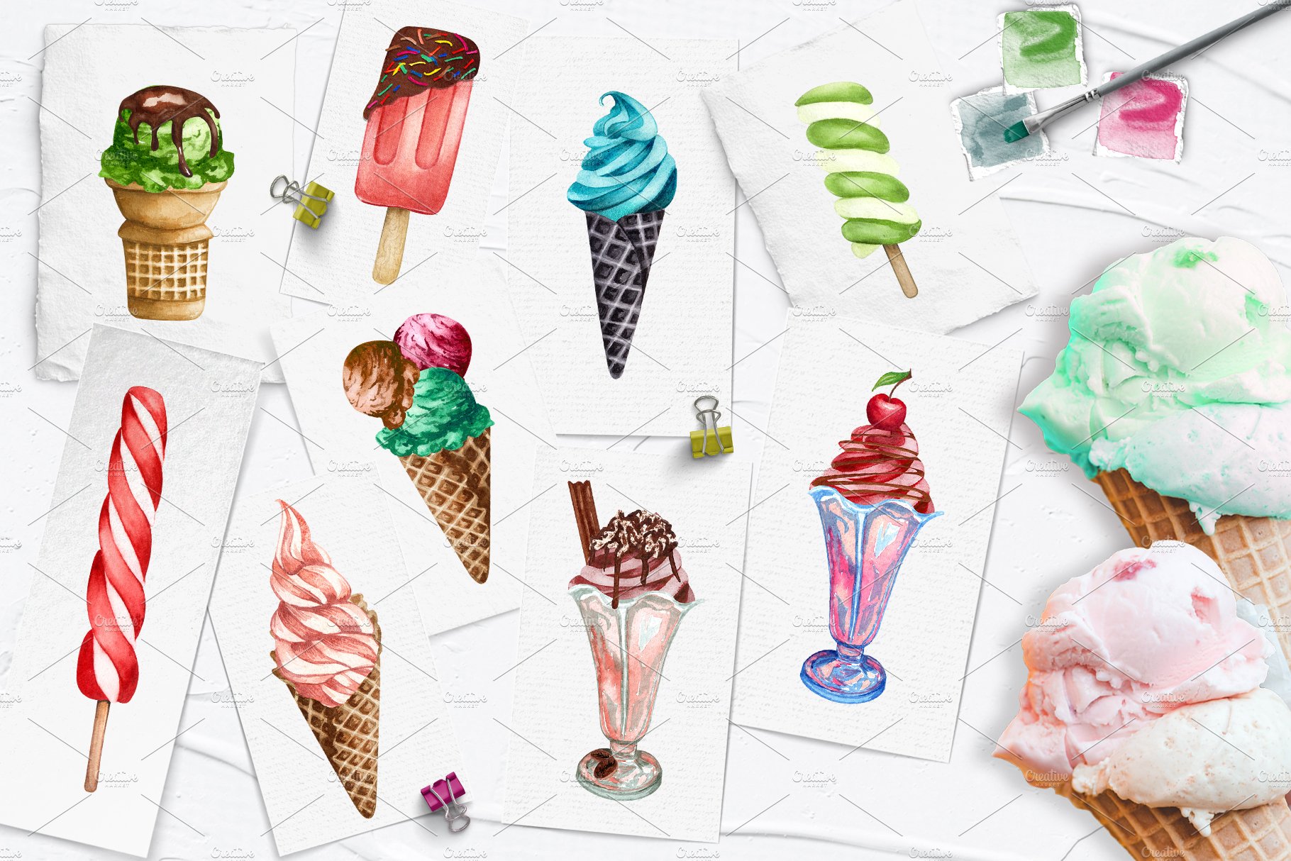 Piece of paper with the colorful ice creams.