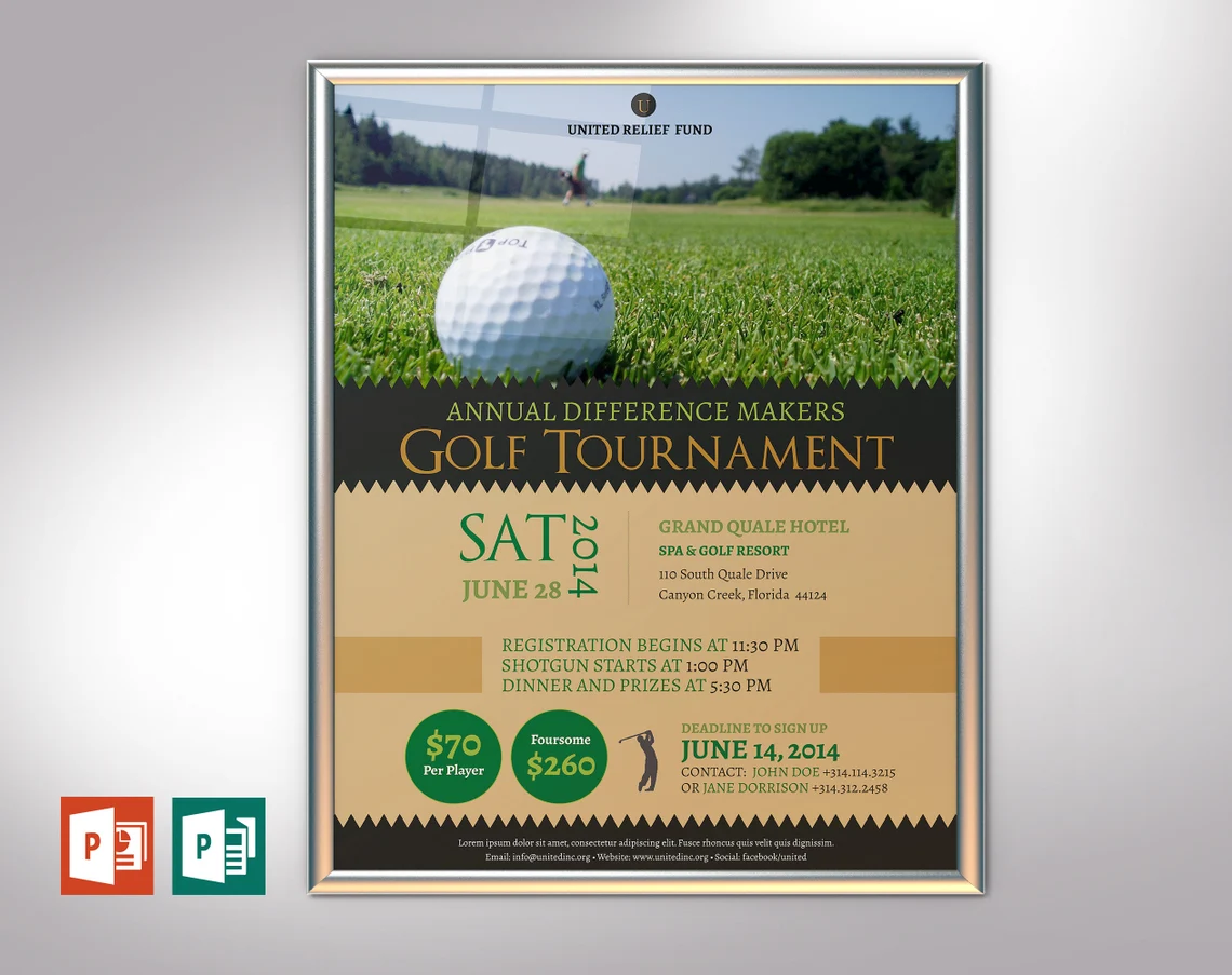 Picture of charity golf tournament poster template in silver frame.