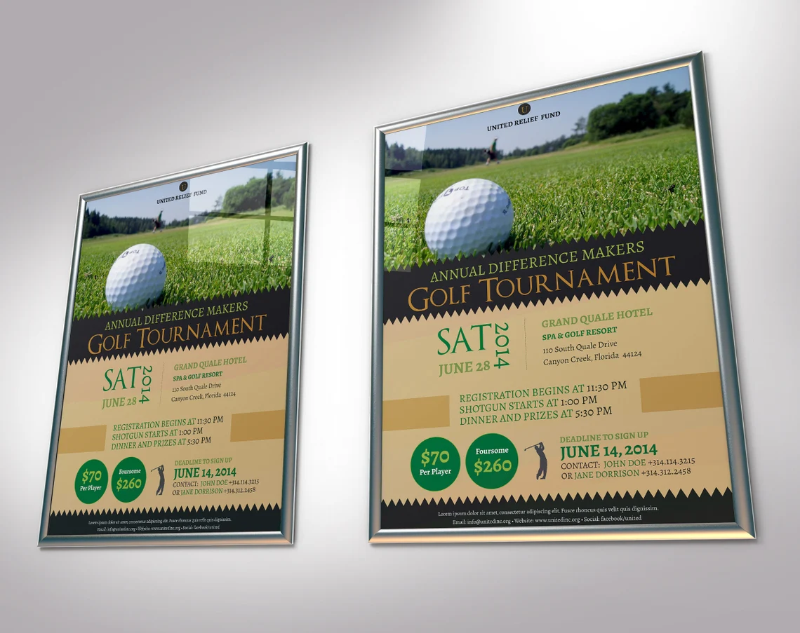 2 poster templates of charity golf tournament in silver frames on the wall.
