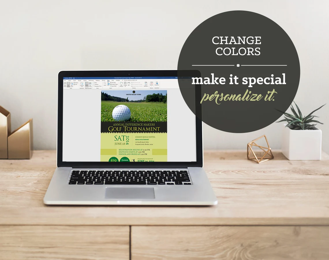 Template poster of charity golf tournament on the macbook mockup.