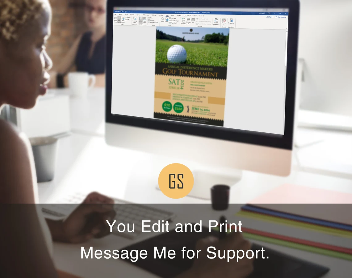 Imac with charity golf tournament poster template.