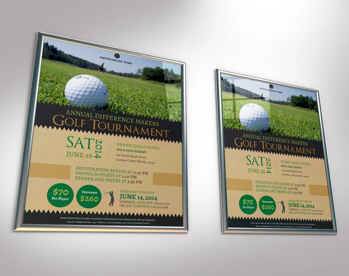 A set of 2 posters of charity golf tournament in silver frames.