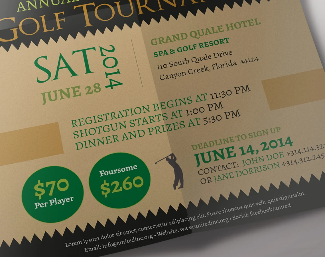 Close-up charity golf tournament poster template on a paper.