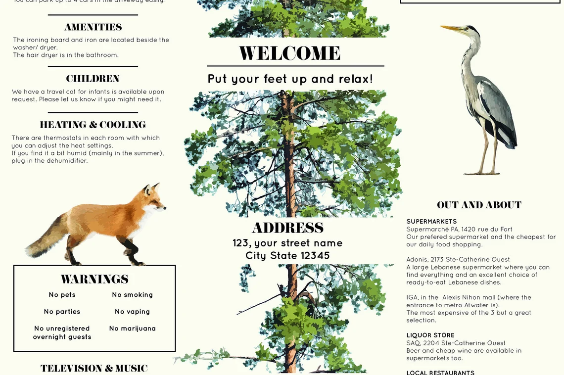 Close-up of airbnb welcome poster with illustrations of animals and tree.