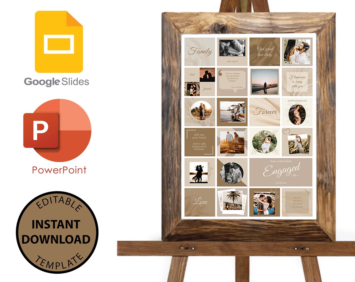 Stand with poster of your collage of photos on a white background.