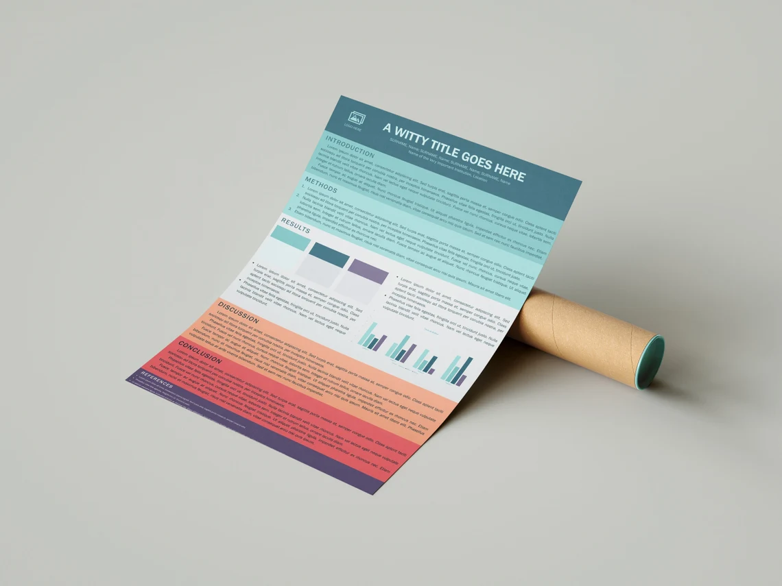 Sunset science poster presentation template on a paper on a gray background.