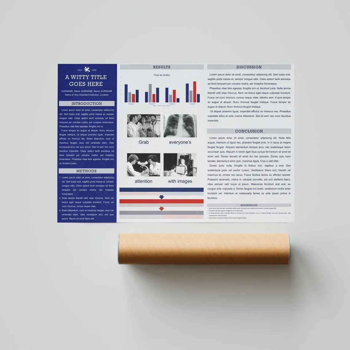 "Blue Ribbon" science poster presentation template on a paper on a gray background.