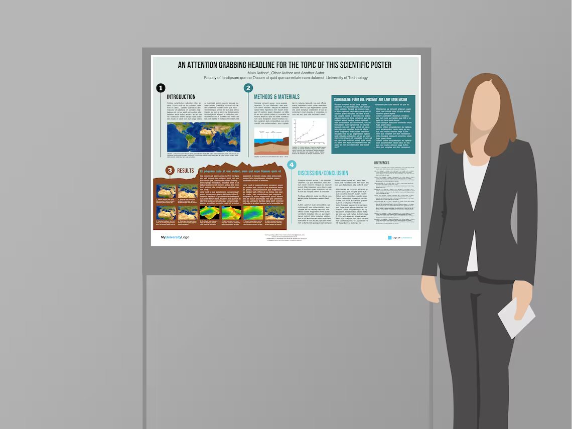 Illustration of woman with stand of science poster presentation template on a gray background.