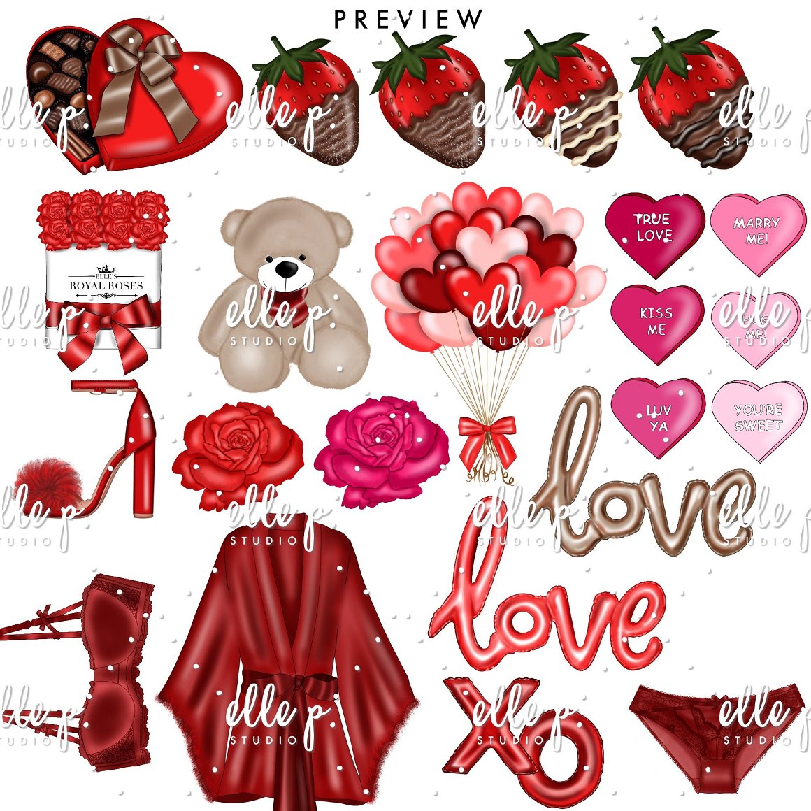 A red and pink set of different illustrations of huge valentine's day on a white background.