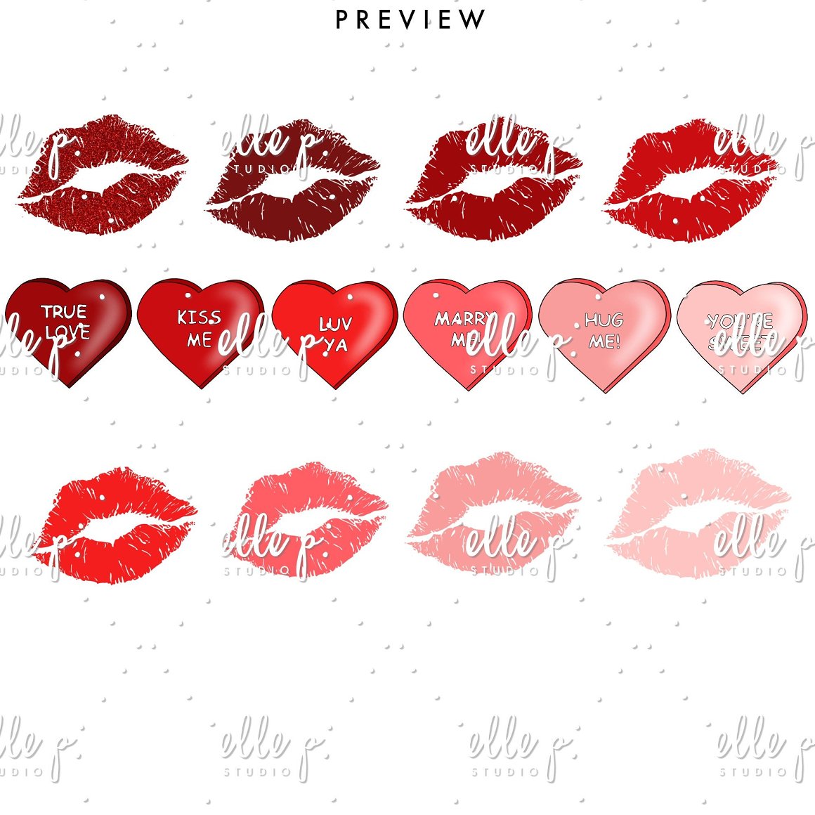 A set of 4 red lips, 6 red and pink hearts and 4 pink lips on a white background.