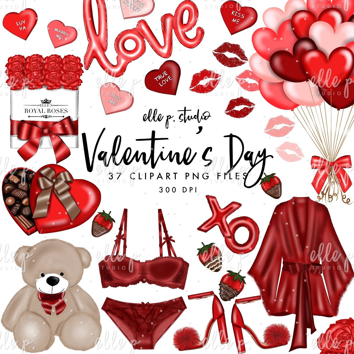 Black lettering "Valentine's Day" and a red and pink set of different illustrations of huge valentine's day on a white background.