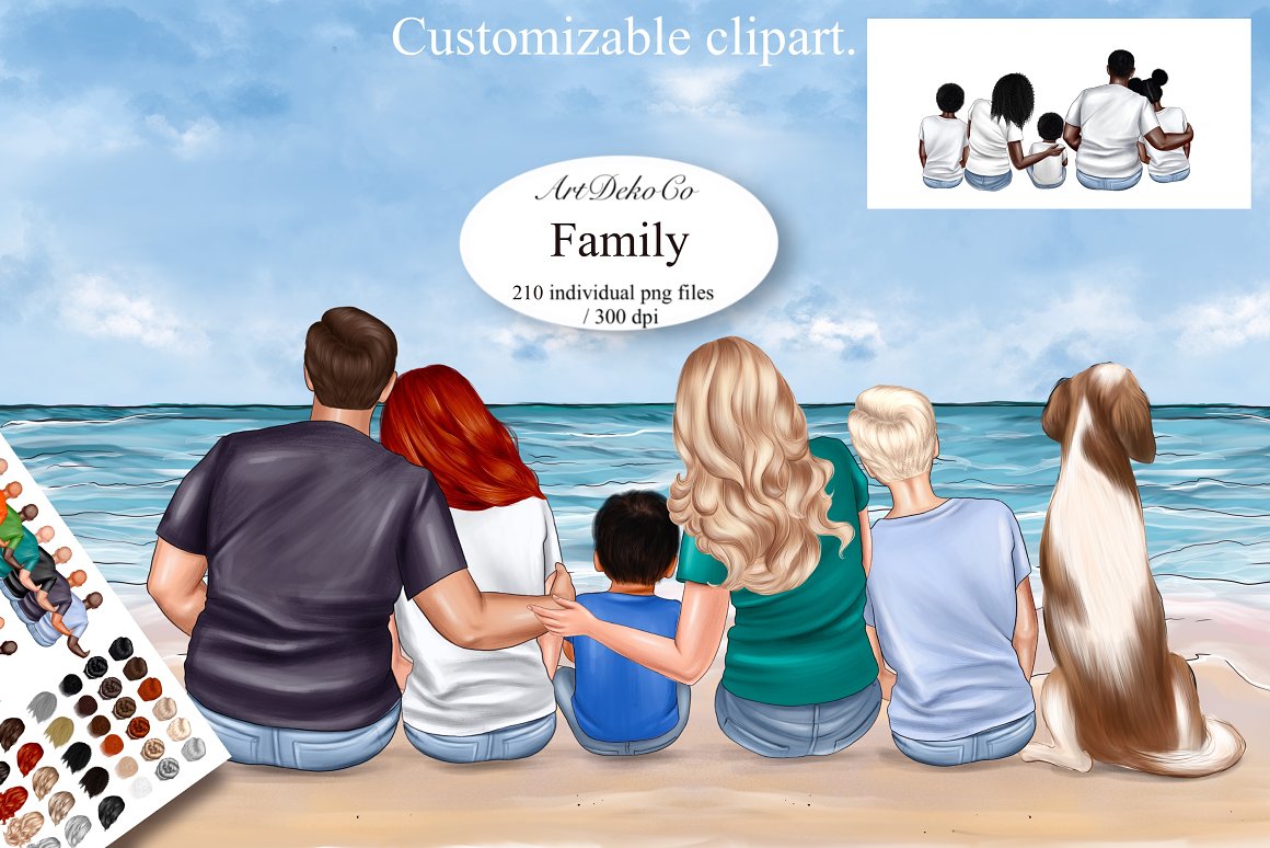 Watercolor illustration of big sitting family on the beach of sea.