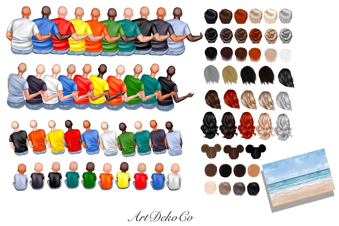 Family collection of illustrations of various hairstyles, clothes, shoes and body.