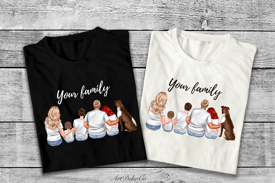 Black and white t-shirts with lettering "Your family" and illustration of huge sitting family.