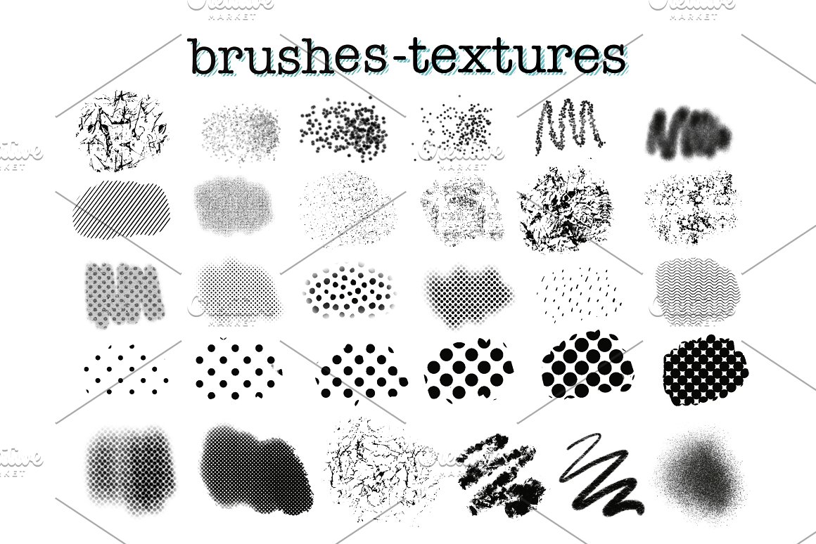 Black lettering "Brushes-textures" and 30 different black and white brushes textures on a white background.