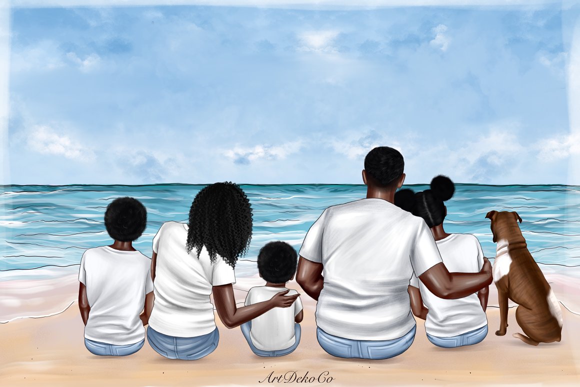 Huge black-skinned sitting family illustration.