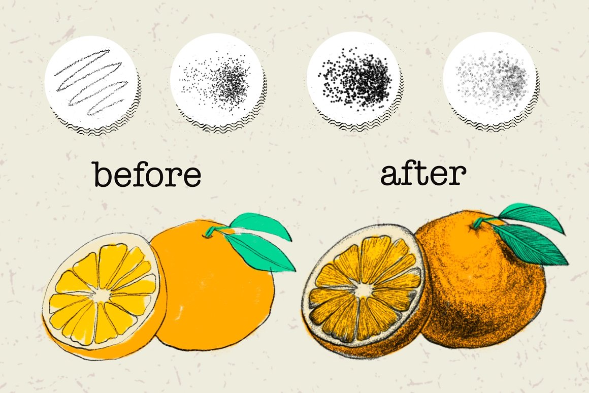 A set of 4 different brushes - grain and black lettering "before and after" with 2 examples of a mandarin with different brushes textures on a gray background.