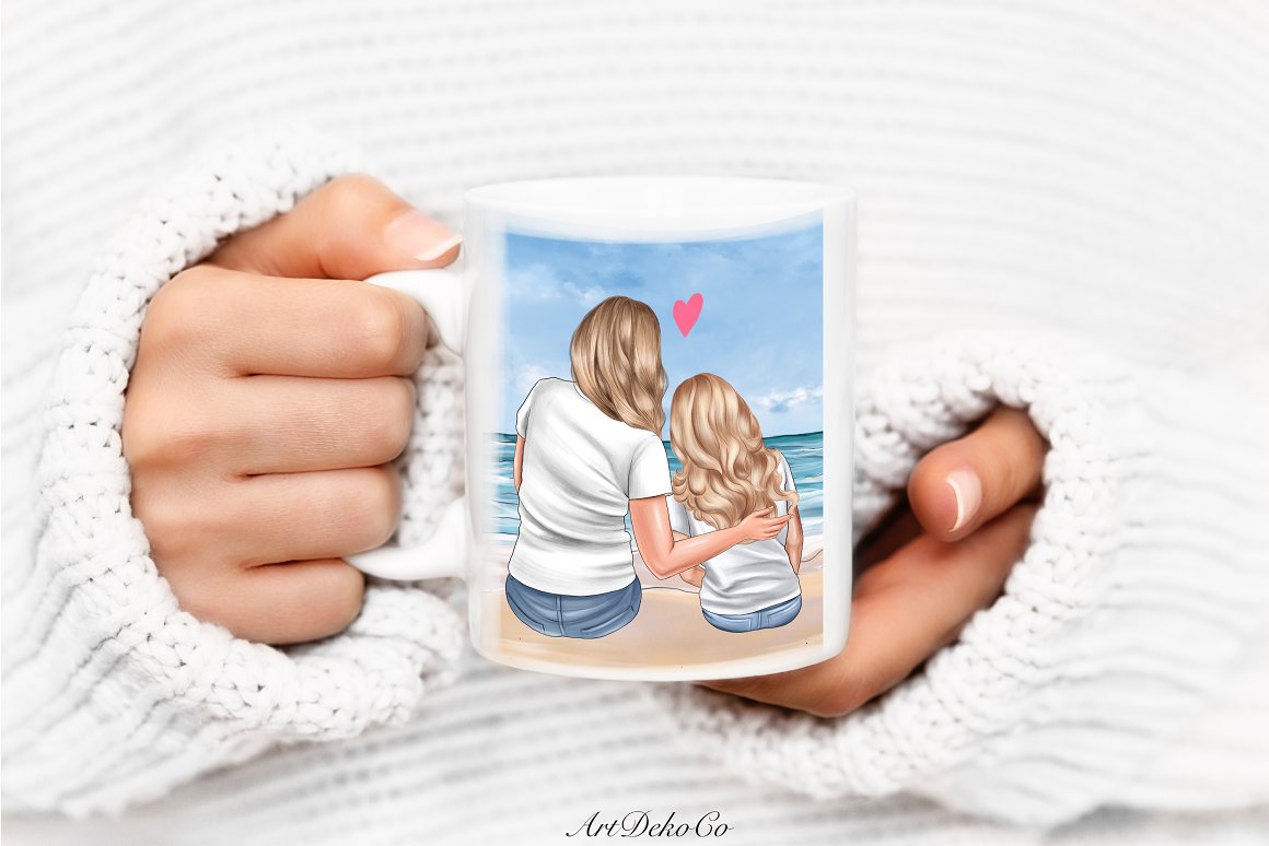 White cup with illustration of sitting mom and daughter.