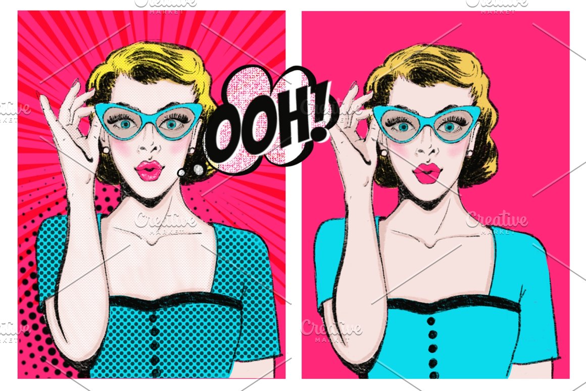 2 examples of pop-art illustrations of a girl in different blue dresses on a pink background.