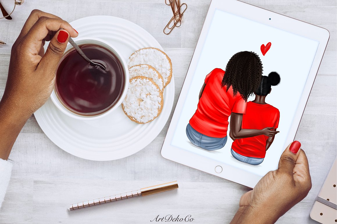 Ipad mockup with illustration of dark-skinned sitting mom and daughter.