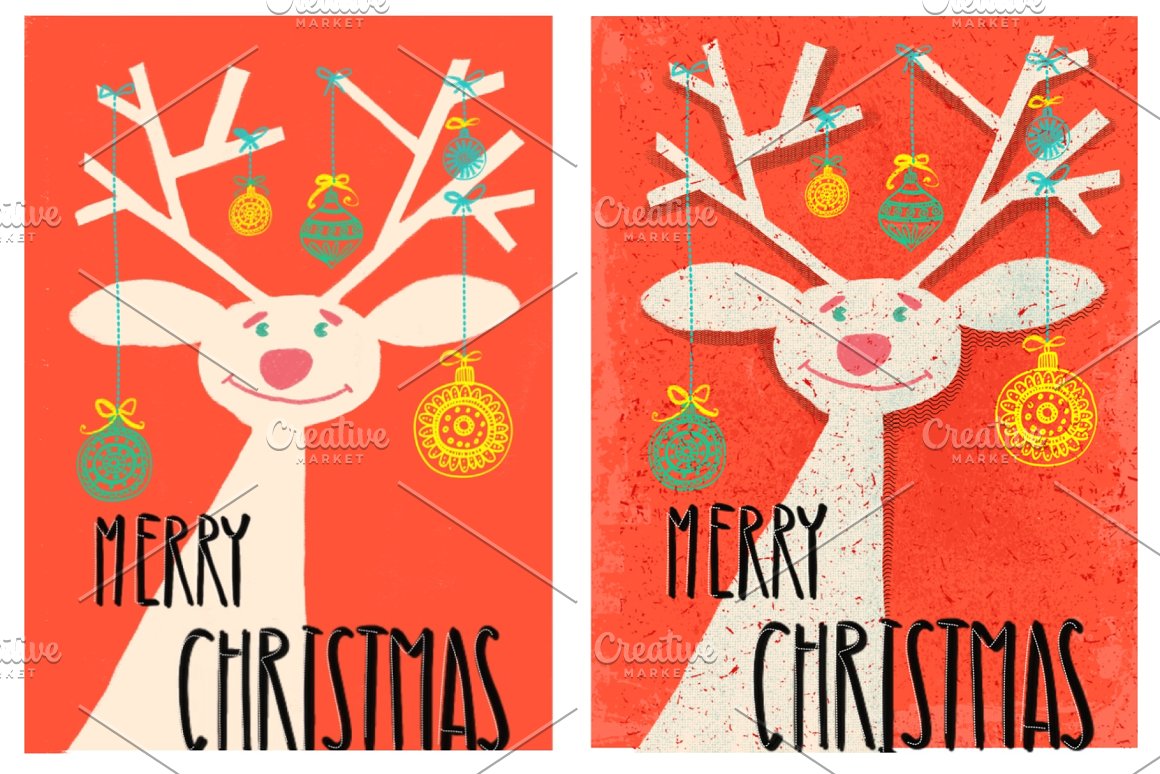 2 red greeting card with black lettering "Merry Christmas" and reindeer with different brushes textures on a white background.