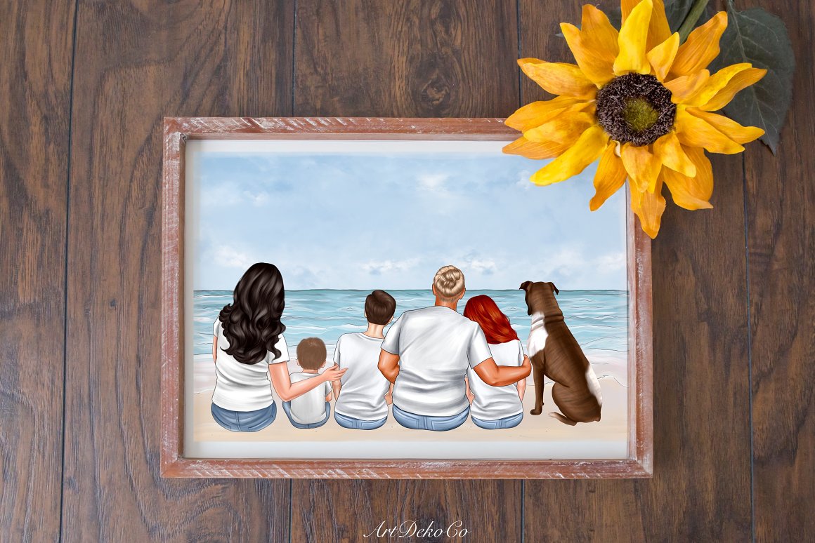 Painting of big sitting family on the beach in wooden frame.