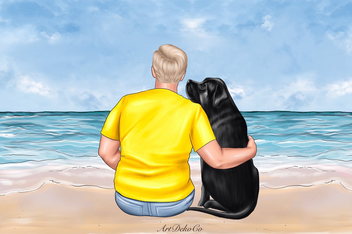 Sitting father and black dog on the beach of sea.