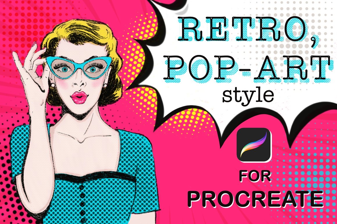 Black and blue lettering "Retro, Pop-Art style" and pop-art illustration of a girl on a white and pink background.