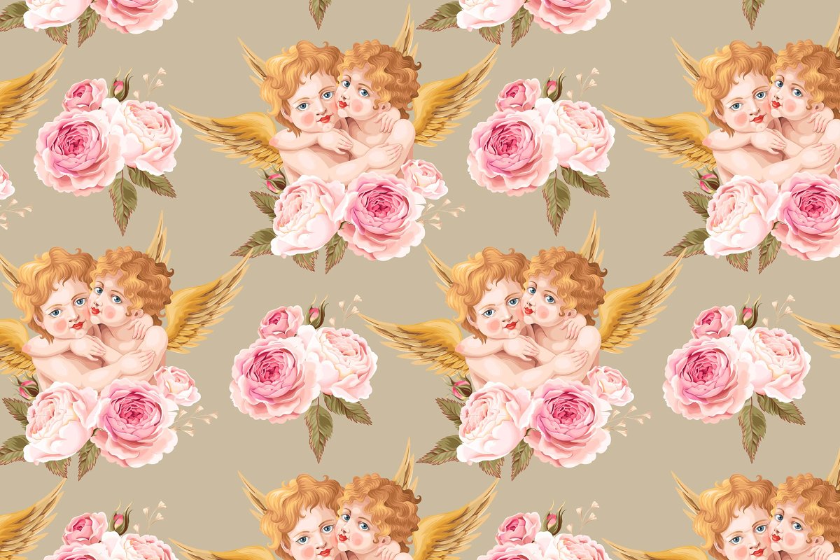 Valentine patterns with english roses and cute baby angels.