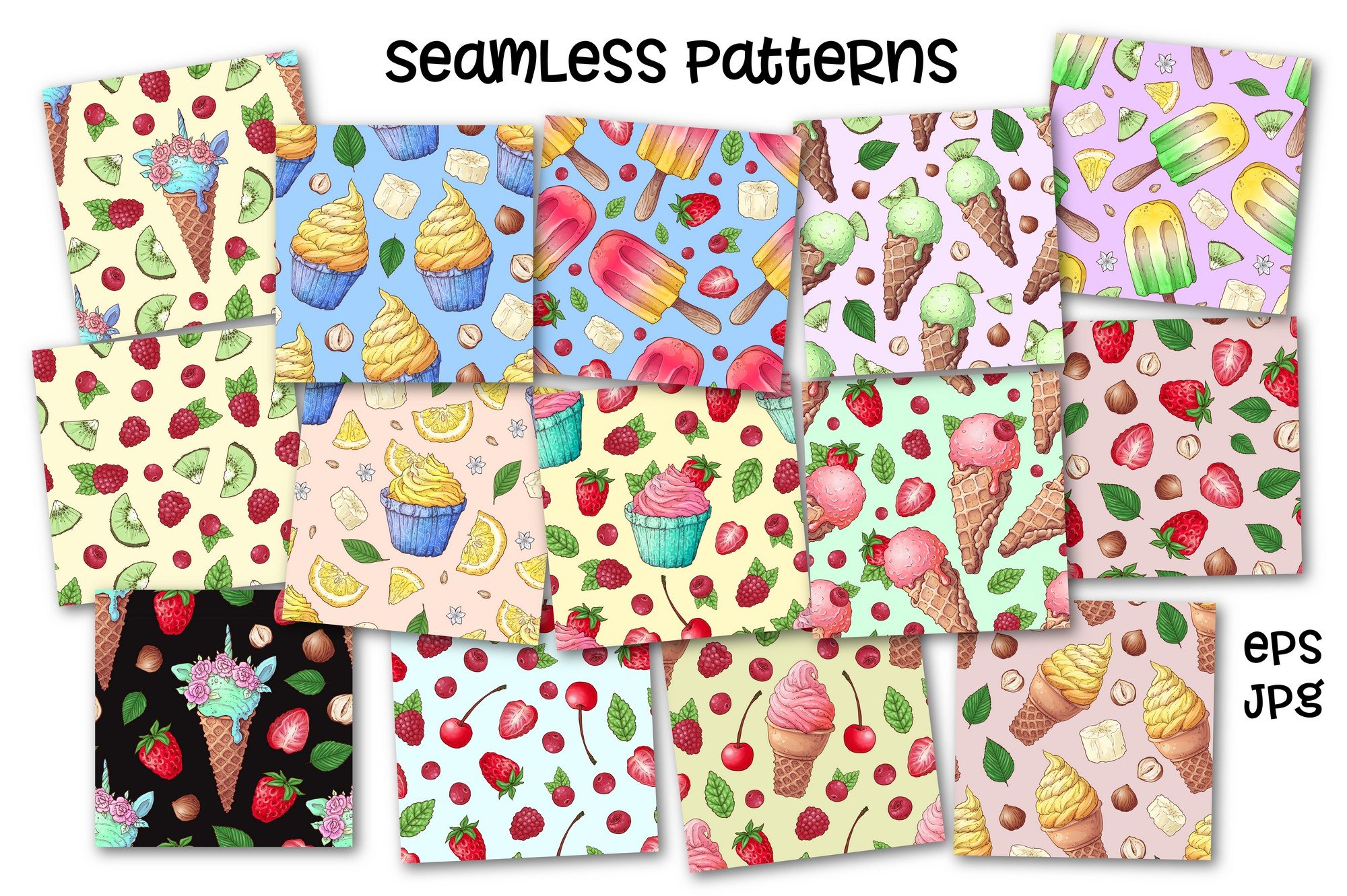 Patterns set with the fruits elements.