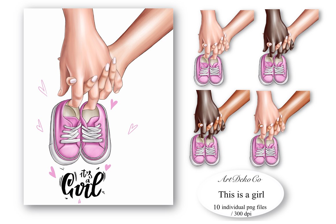 A set of 4 illustrations of hands parents-to-be in different skin tones and white card with this illustration.
