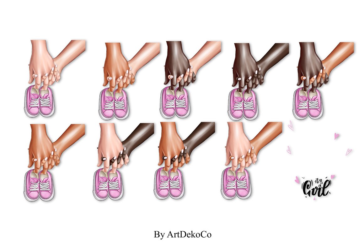 Clipart of 9 illustrations of hands parents-to-be in different skin tones.