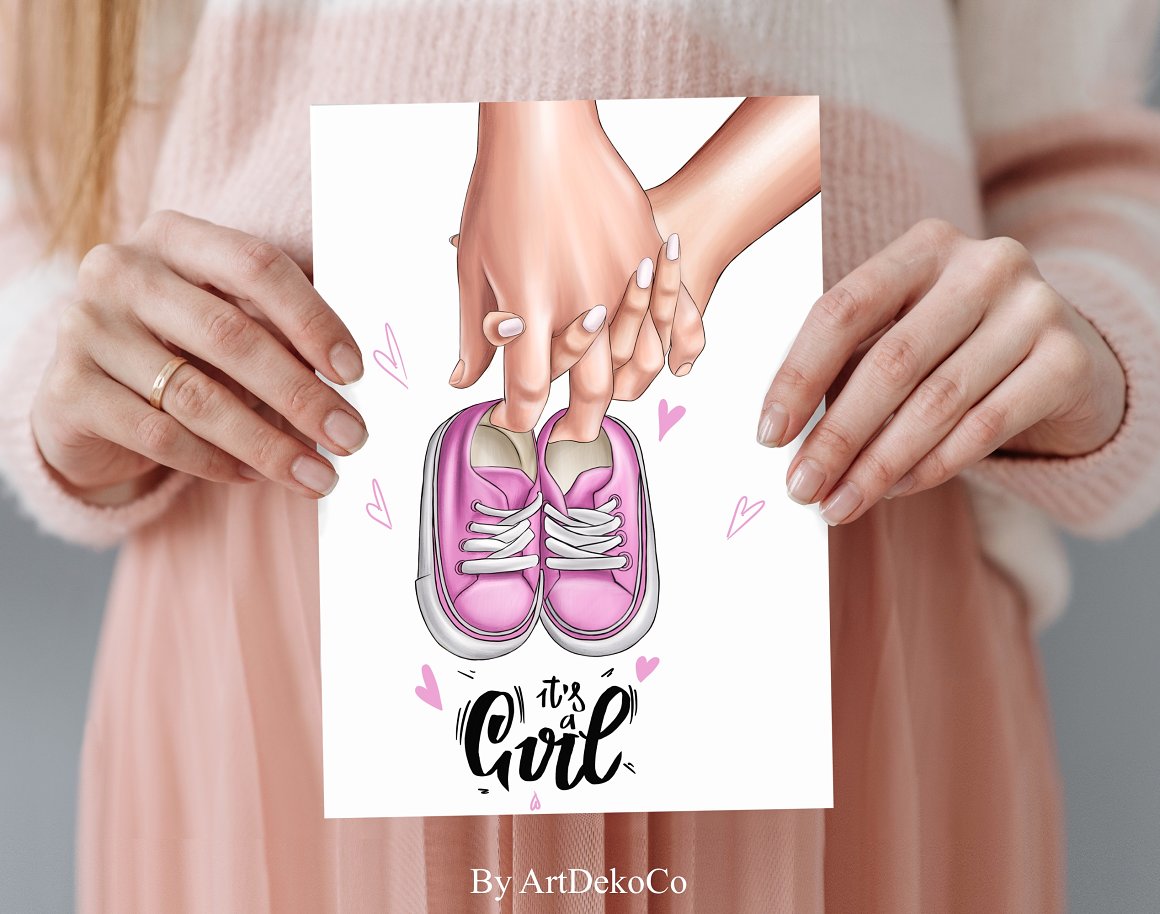 White card with illustration of hands parents-to-be and pink shoes.