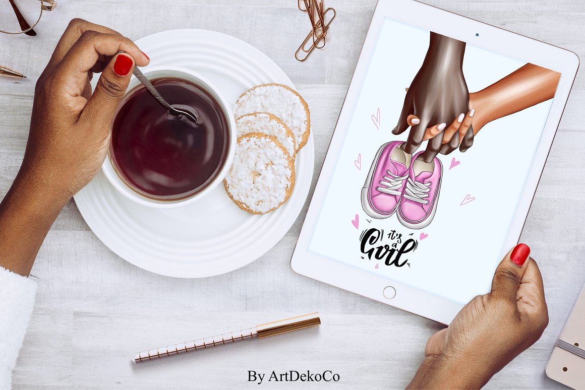 Ipad mockup with illustration of hands parents-to-be, black lettering and pink shoes.