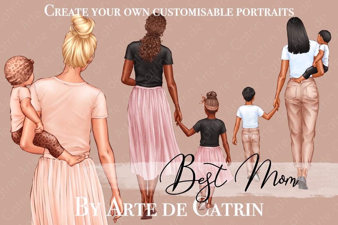 Black letetring "Best Mom" and illustrations of mom with children.