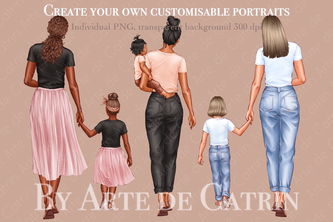 A set of 3 illustrations of mom with daughter in different skin tones.