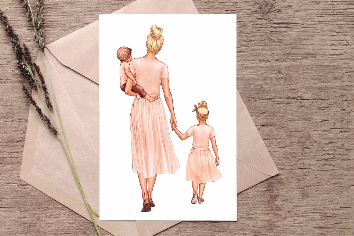 White card with illustration of mom with children in pink clothes.