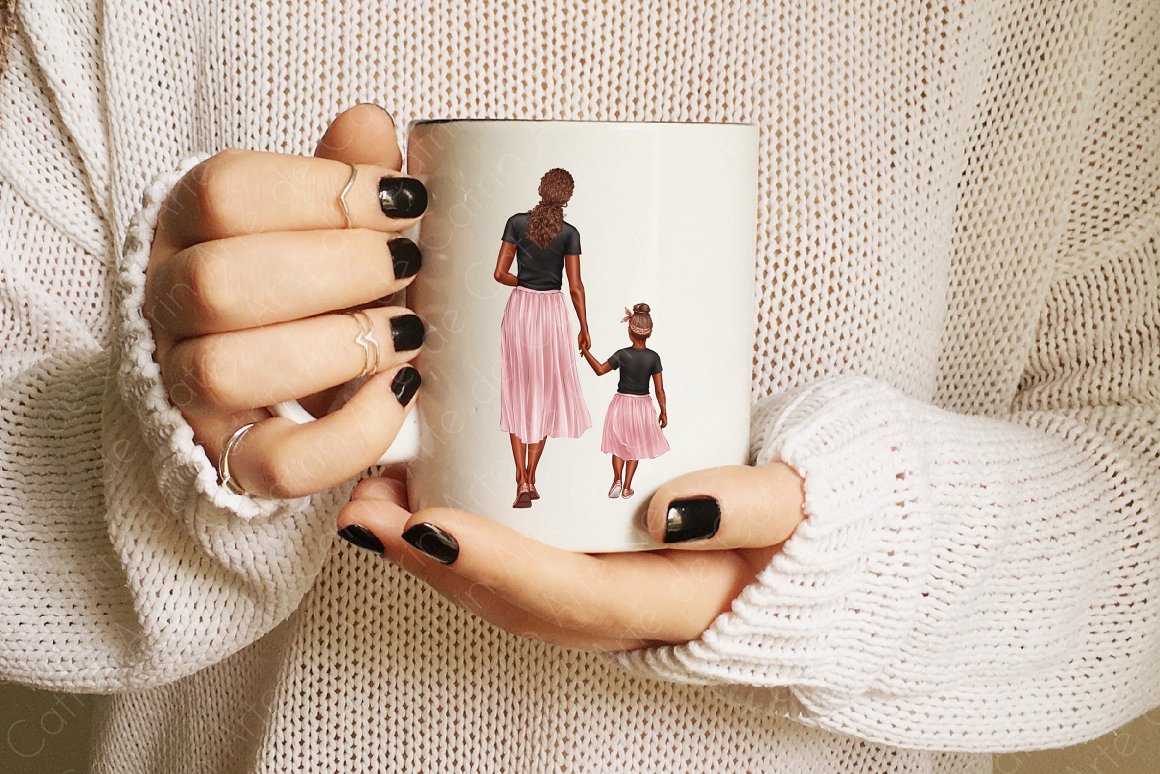 White cup with illustration of mom with daughter.
