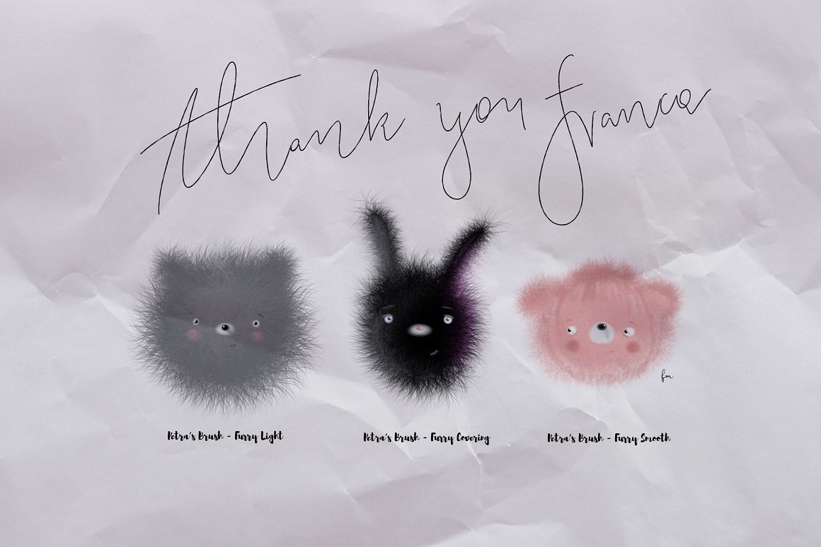 Black calligraphic "Thank you Franka" and 3 animal brush designs.