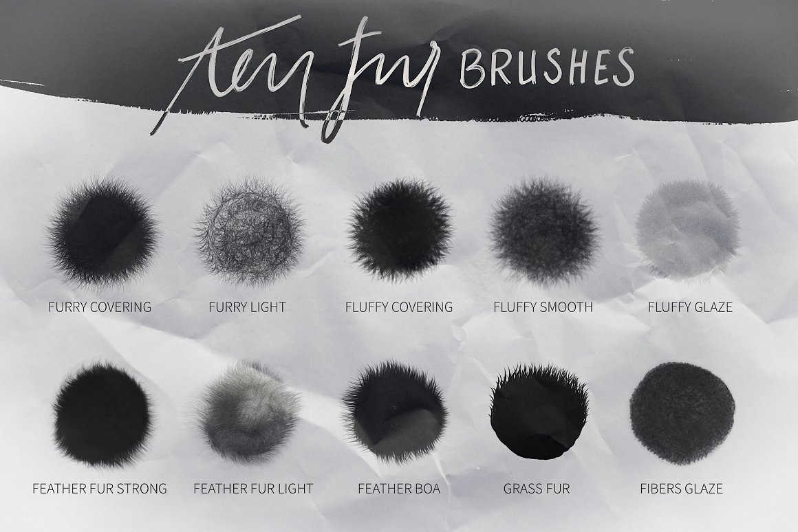 A set of 10 fur brushes in black and gray on a gray background.