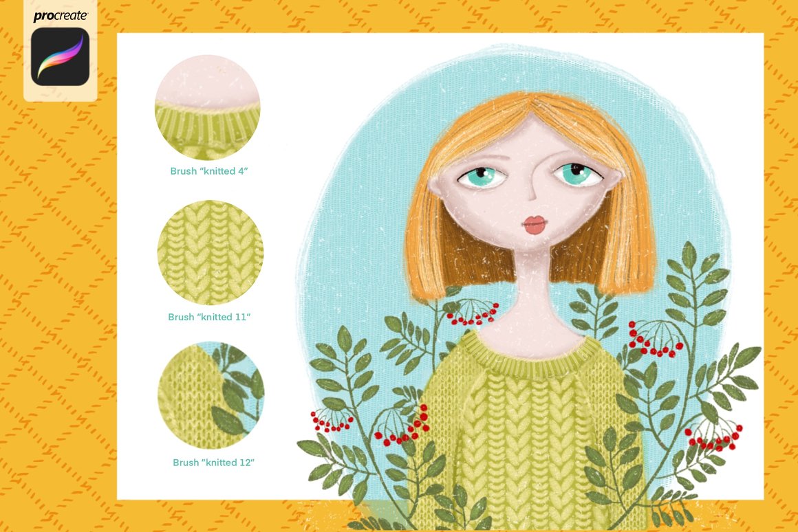 3 examples of different brushes on a sweater and girl in light green sweater on a white and yellow background.