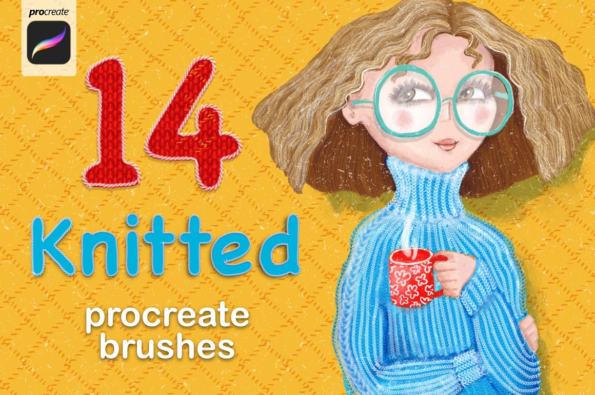 Red number "14", blue "Knitted" and white "procreate brushes" lettering and girl in blue sweater with red cup on a yellow background.