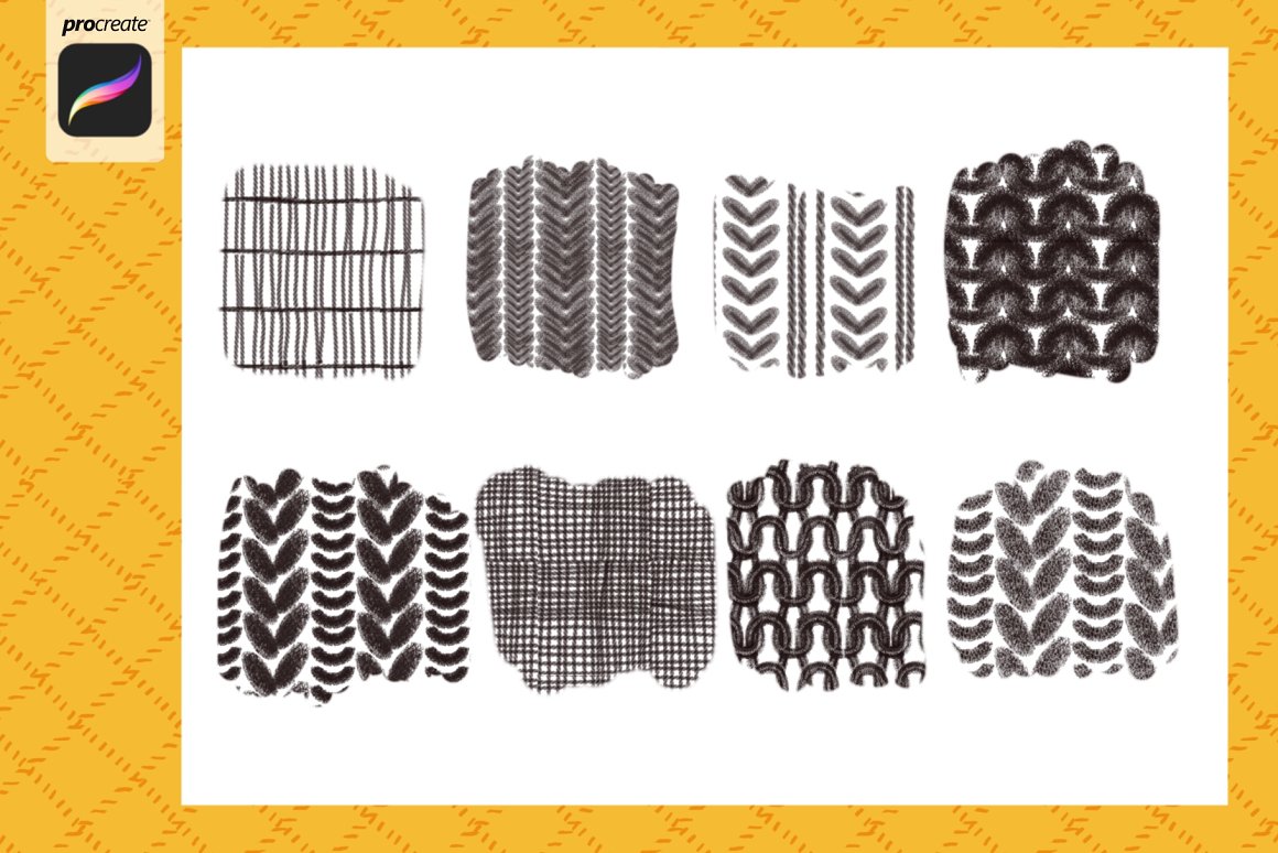 A set of 8 different black and white brushes on a white and yellow background.