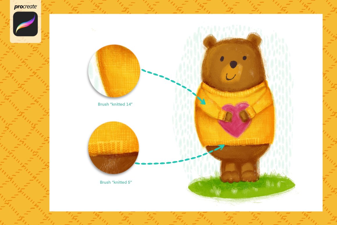 2 examples of different brushes on a sweater and bear in yellow sweater with pink heart on a white and yellow background.