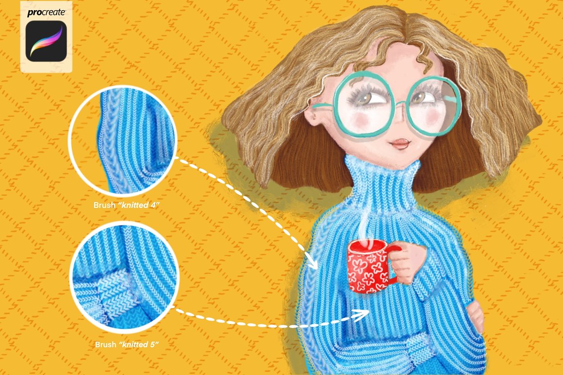 2 examples of different brushes on a sweater and girl in blue sweater with red cup on a yellow background.