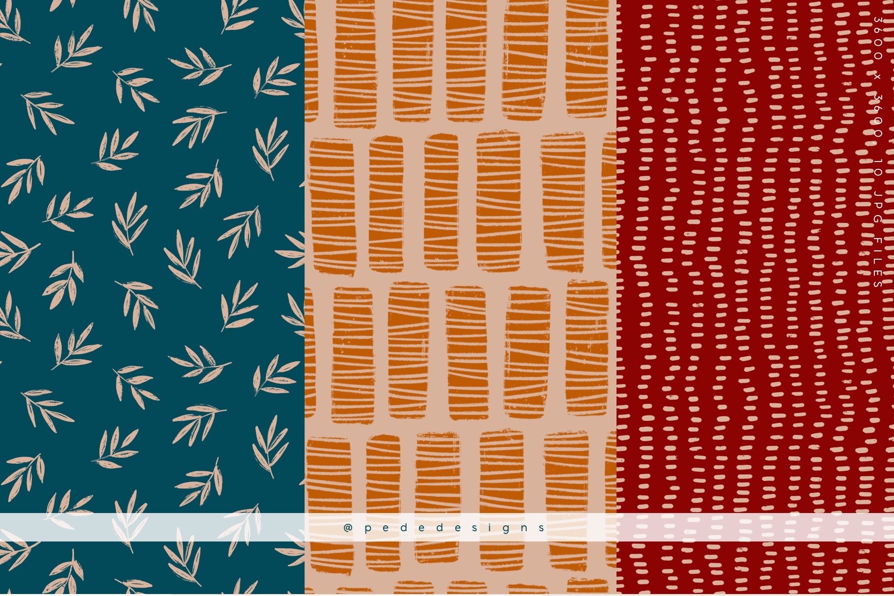 Green, orange and red backgrounds with abstract prints.