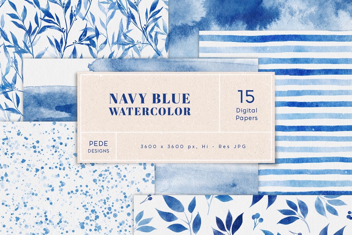 Blue lettering "Navy Blue Watercolor" and different blue patterns.