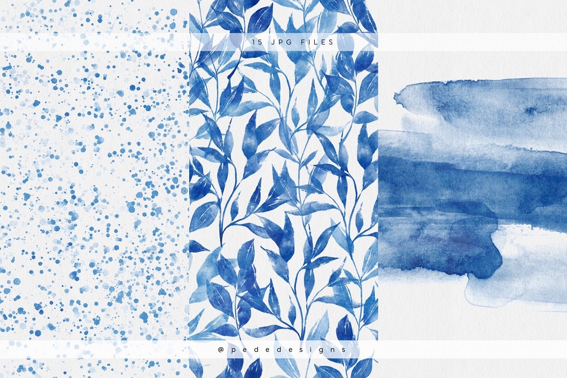 A set of 3 watercolor seamless patterns in navy blue.