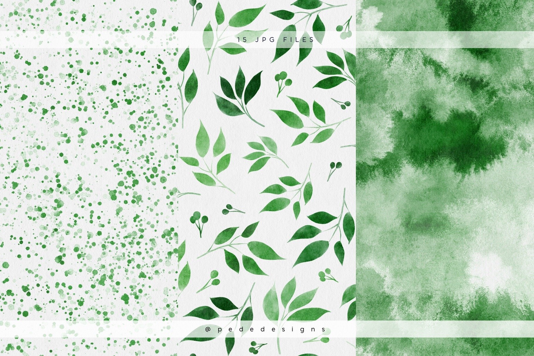 Flowers, dotted and gradient green watercolor backgrounds.