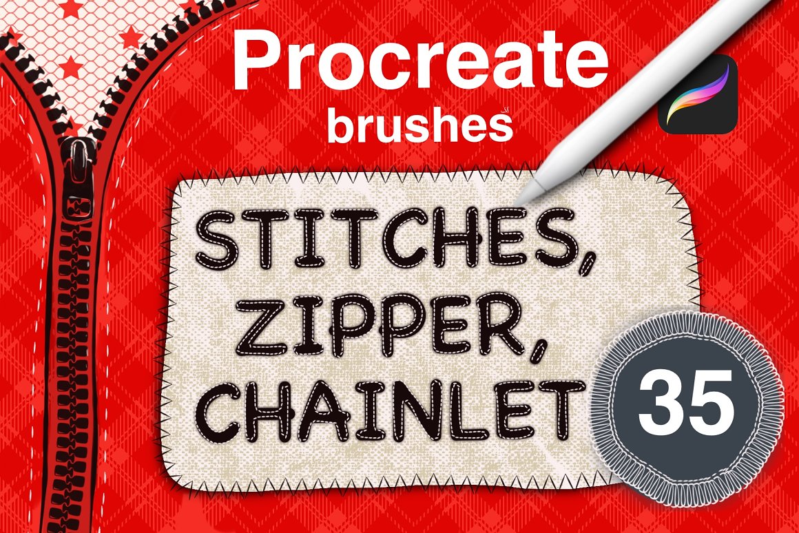 White lettering "Procreate brushes" and black lettering "Stitches, Zipper, Chainlet" on a beige and red background.